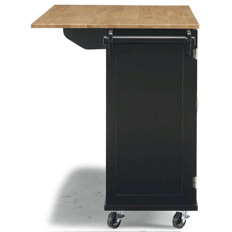 Carrito de isla de cocina negro con encimera de madera, armario de almacenamiento con ruedas y cajones para la cocina