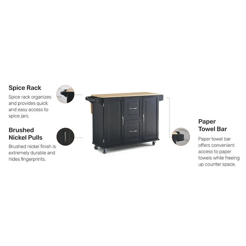 Carrito de isla de cocina negro con encimera de madera, armario de almacenamiento con ruedas y cajones para la cocina
