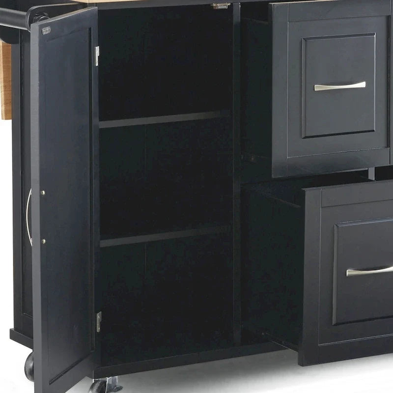 Carrito de isla de cocina negro con encimera de madera, armario de almacenamiento con ruedas y cajones para la cocina