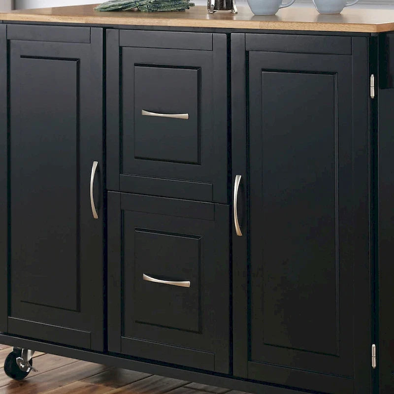 Carrito de isla de cocina negro con encimera de madera, armario de almacenamiento con ruedas y cajones para la cocina