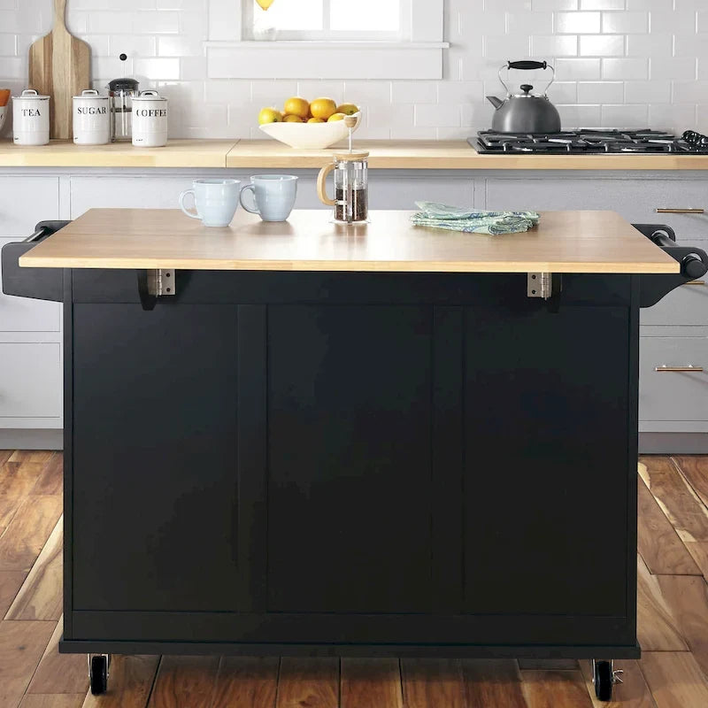 Carrito de isla de cocina negro con encimera de madera, armario de almacenamiento con ruedas y cajones para la cocina