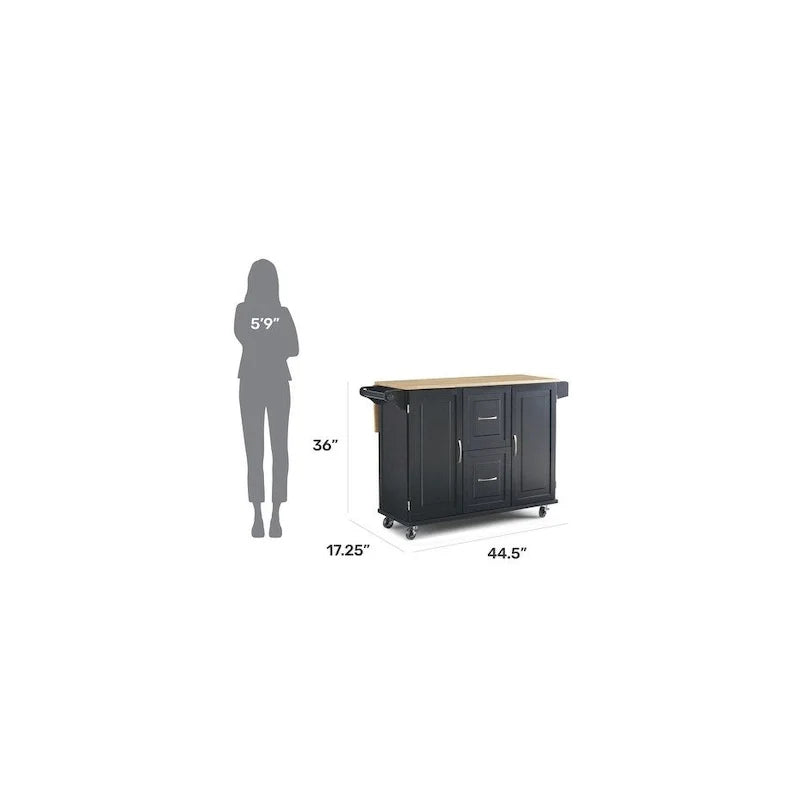 Carrito de isla de cocina negro con encimera de madera, armario de almacenamiento con ruedas y cajones para la cocina
