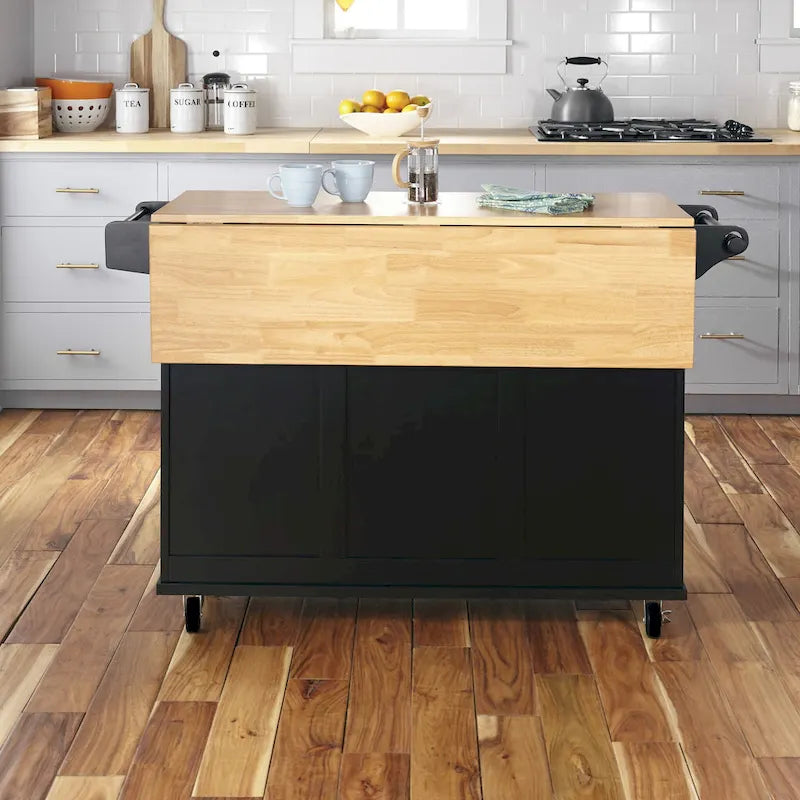 Carrito de isla de cocina negro con encimera de madera, armario de almacenamiento con ruedas y cajones para la cocina