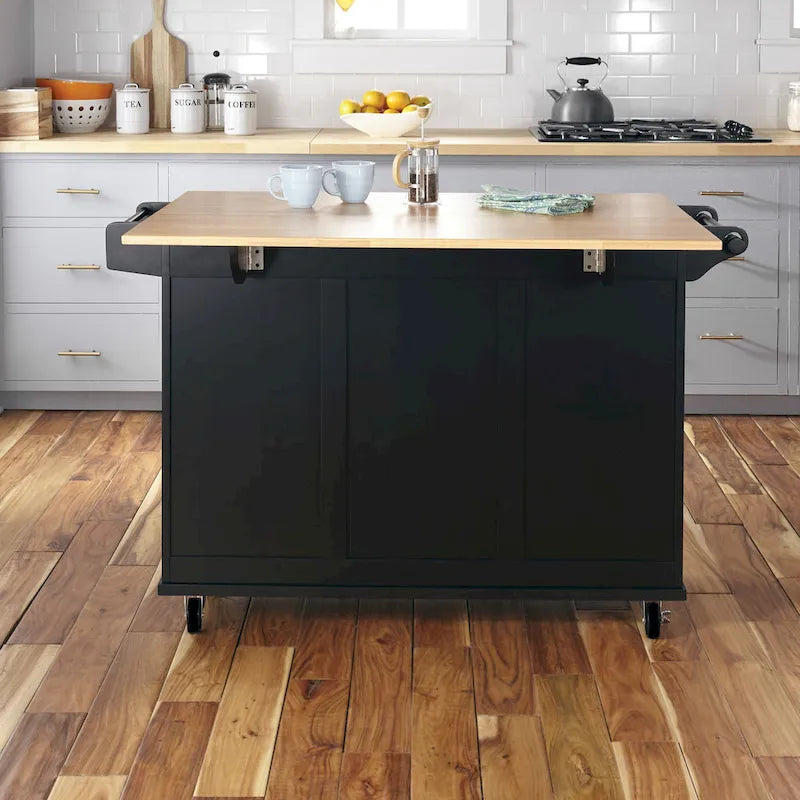 Carrito de isla de cocina negro con encimera de madera, armario de almacenamiento con ruedas y cajones para la cocina