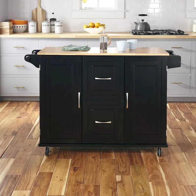 Carrito de isla de cocina negro con encimera de madera, armario de almacenamiento con ruedas y cajones para la cocina