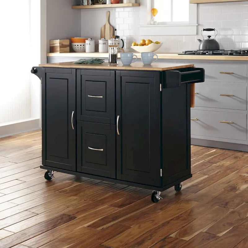 Carrito de isla de cocina negro con encimera de madera, armario de almacenamiento con ruedas y cajones para la cocina