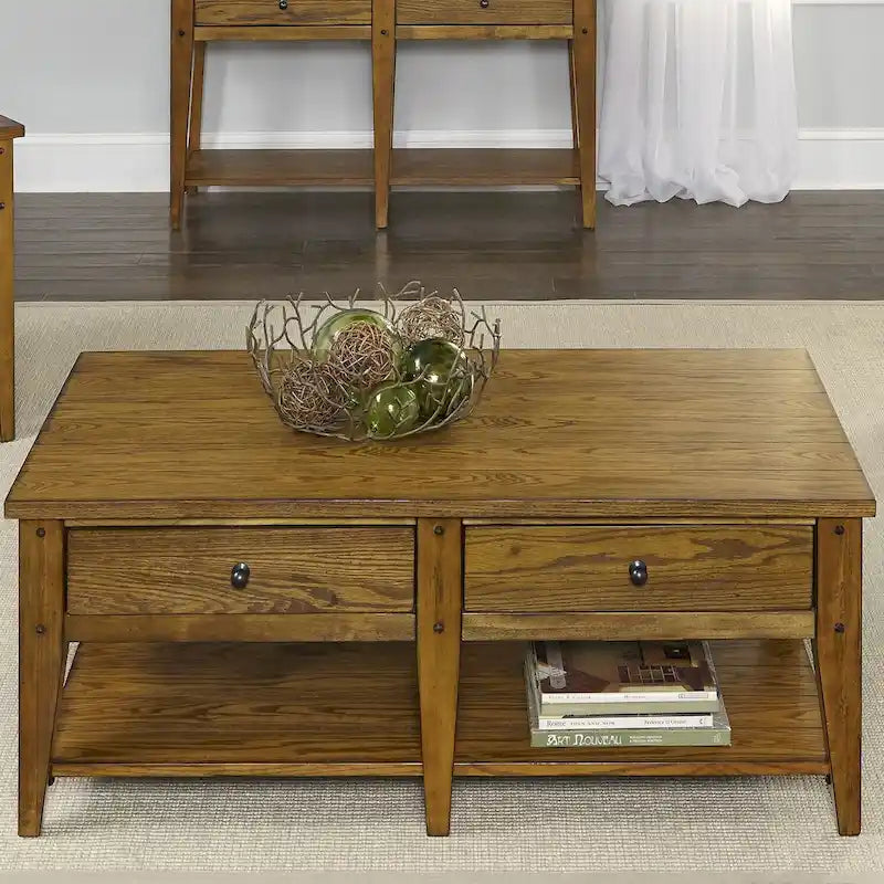 Rustikaler Couchtisch aus Holz mit 2 Schubladen und offenem Ablagefach, Wohnzimmertisch im Landhausstil