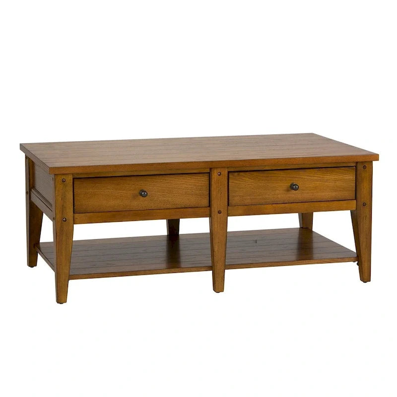 Rustikaler Couchtisch aus Holz mit 2 Schubladen und offenem Ablagefach, Wohnzimmertisch im Landhausstil