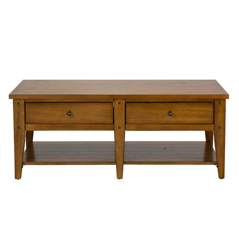 Mesa de centro rústica de madera con 2 cajones y estante abierto de almacenamiento, mesa central de estilo rústico para la sala de estar