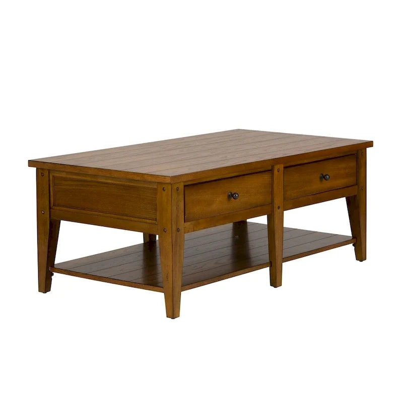 Rustikaler Couchtisch aus Holz mit 2 Schubladen und offenem Ablagefach, Wohnzimmertisch im Landhausstil