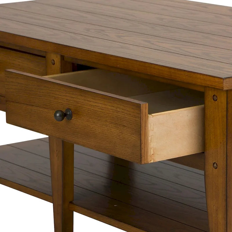 Rustikaler Couchtisch aus Holz mit 2 Schubladen und offenem Ablagefach, Wohnzimmertisch im Landhausstil