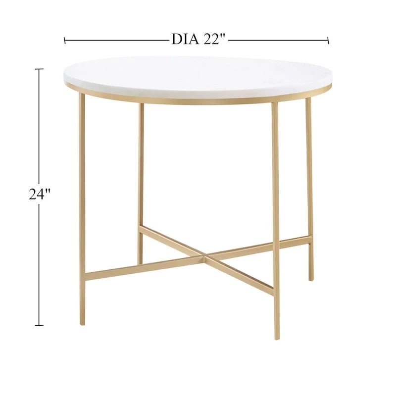 Mesa auxiliar redonda de imitación mármol con patas de metal, en blanco y dorado