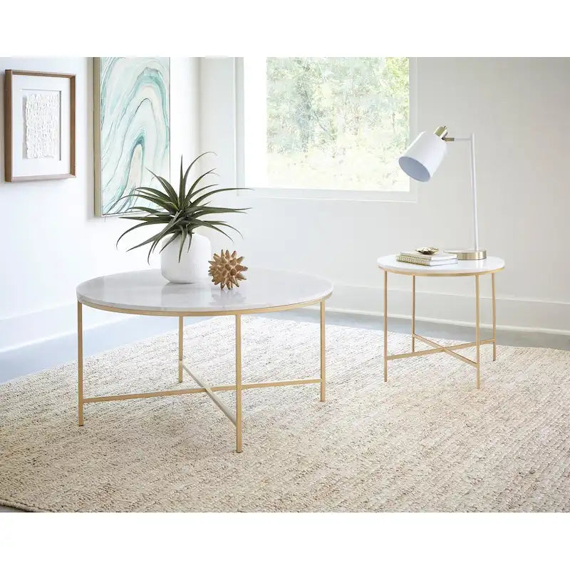 Mesa auxiliar redonda de imitación mármol con patas de metal, en blanco y dorado