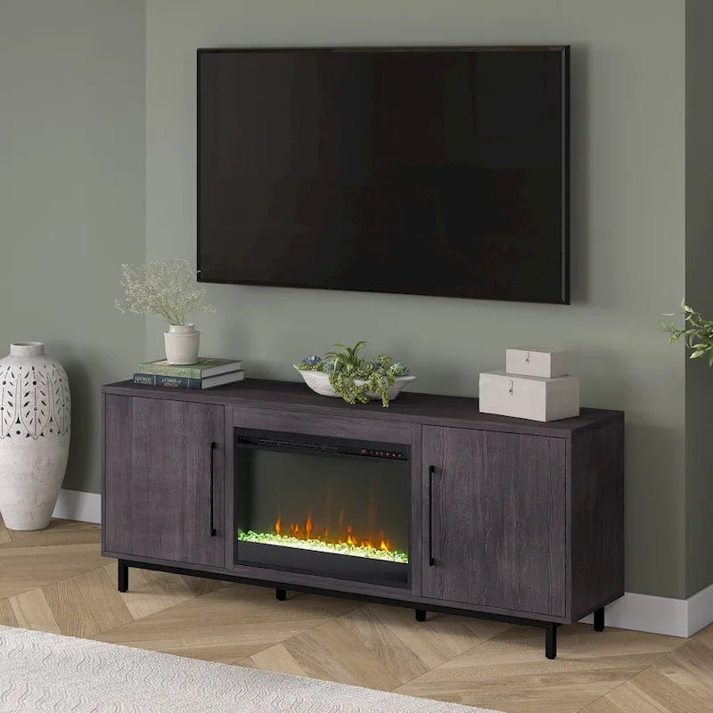 Rechteckiger TV-Ständer mit Kristallkamin für Fernseher bis zu 75