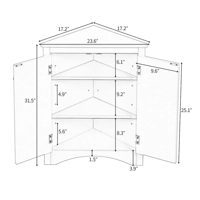 Meuble de rangement triangulaire pour salle de bains avec étagères réglables
