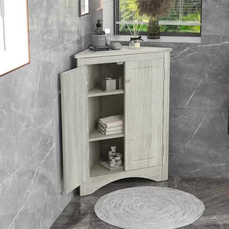 Meuble de rangement triangulaire pour salle de bains avec étagères réglables