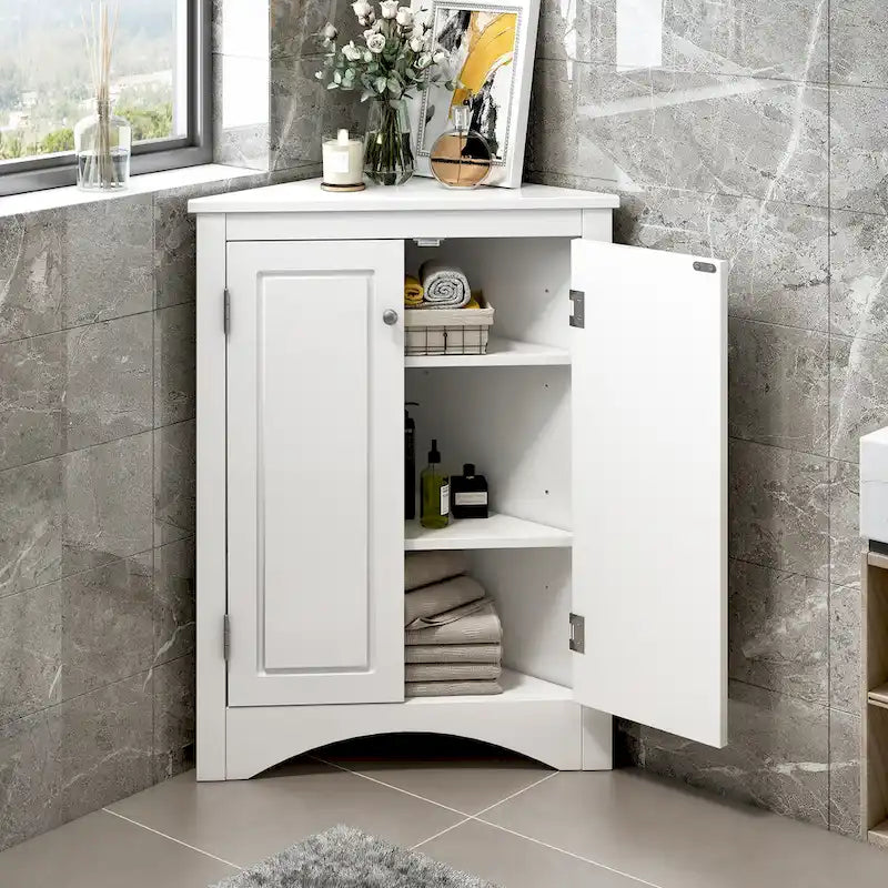 Meuble de rangement triangulaire pour salle de bains avec étagères réglables