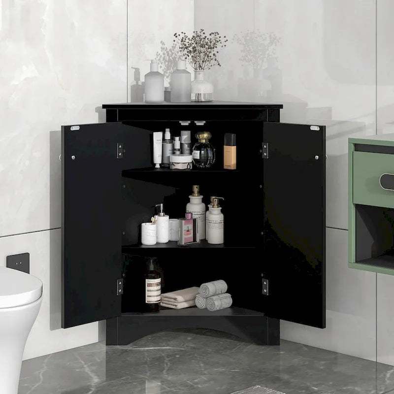 Meuble de rangement triangulaire pour salle de bains avec étagères réglables