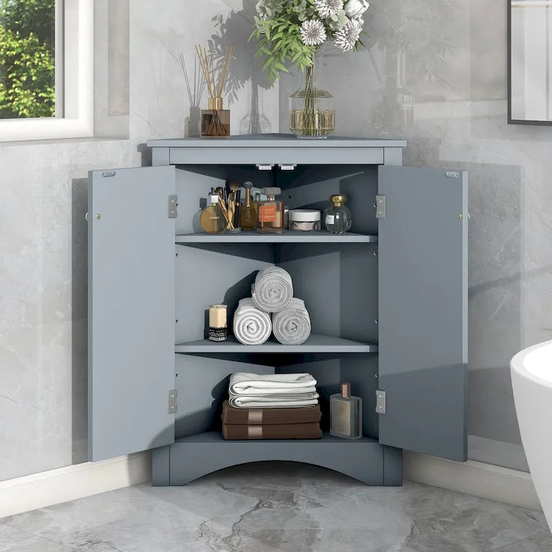 Meuble de rangement triangulaire pour salle de bains avec étagères réglables