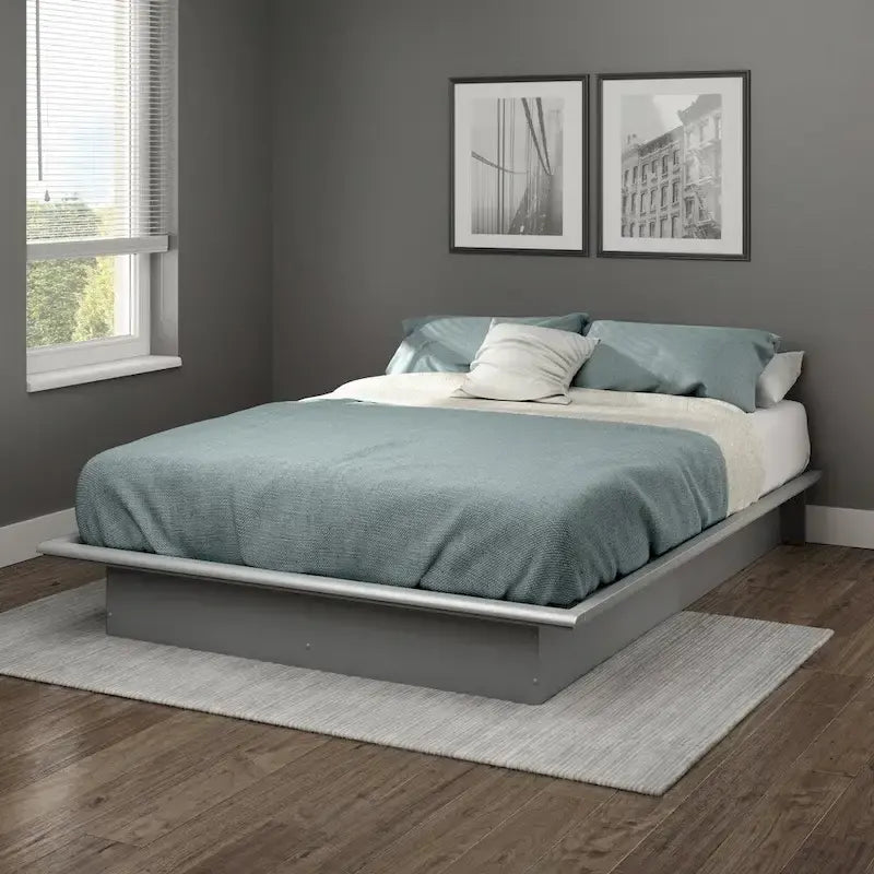 Estructura de cama de plataforma moderna y de perfil bajo, base flotante gris sin necesidad de somier para el dormitorio
