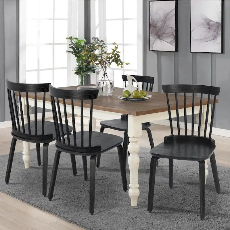 Esszimmerstühle im Landhausstil mit Sprossenlehne und gebogenen Holzbeinen, schwarz