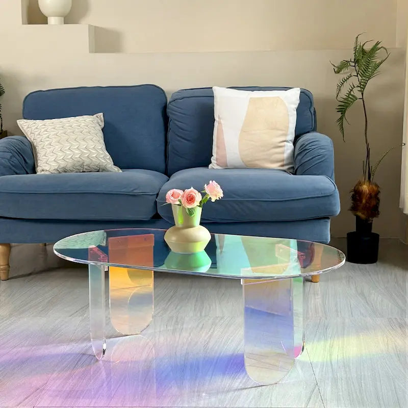 Mesa de centro acrílica colorida con acabado iridiscente, mesa auxiliar de vidrio
