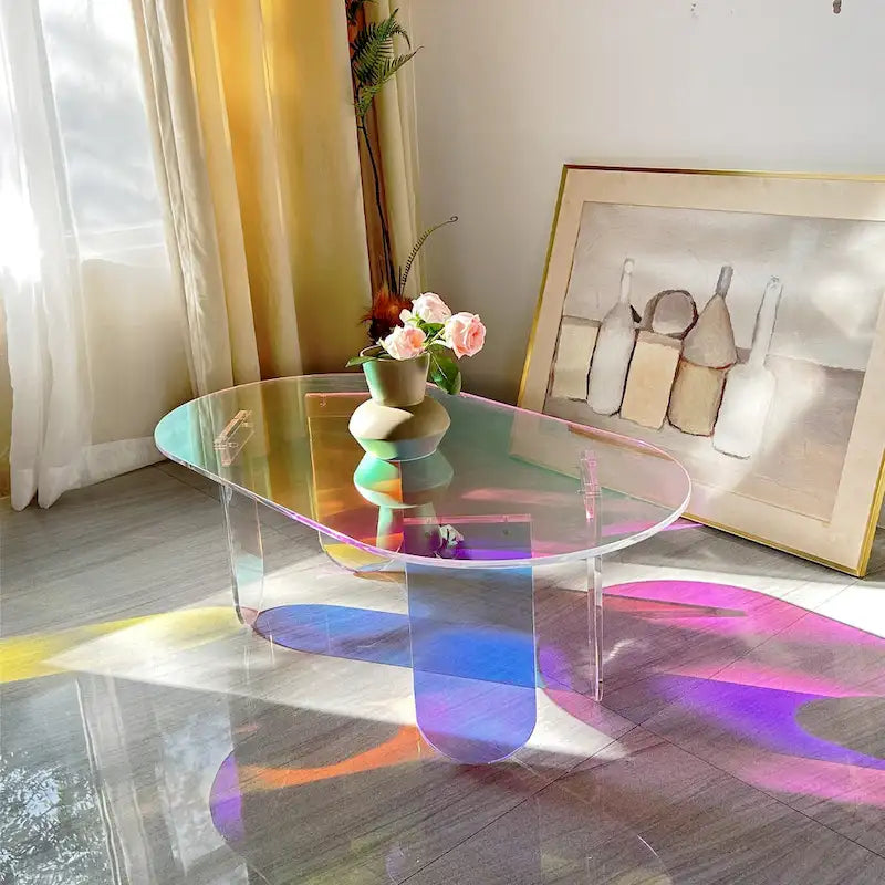 Mesa de centro acrílica colorida con acabado iridiscente, mesa auxiliar de vidrio