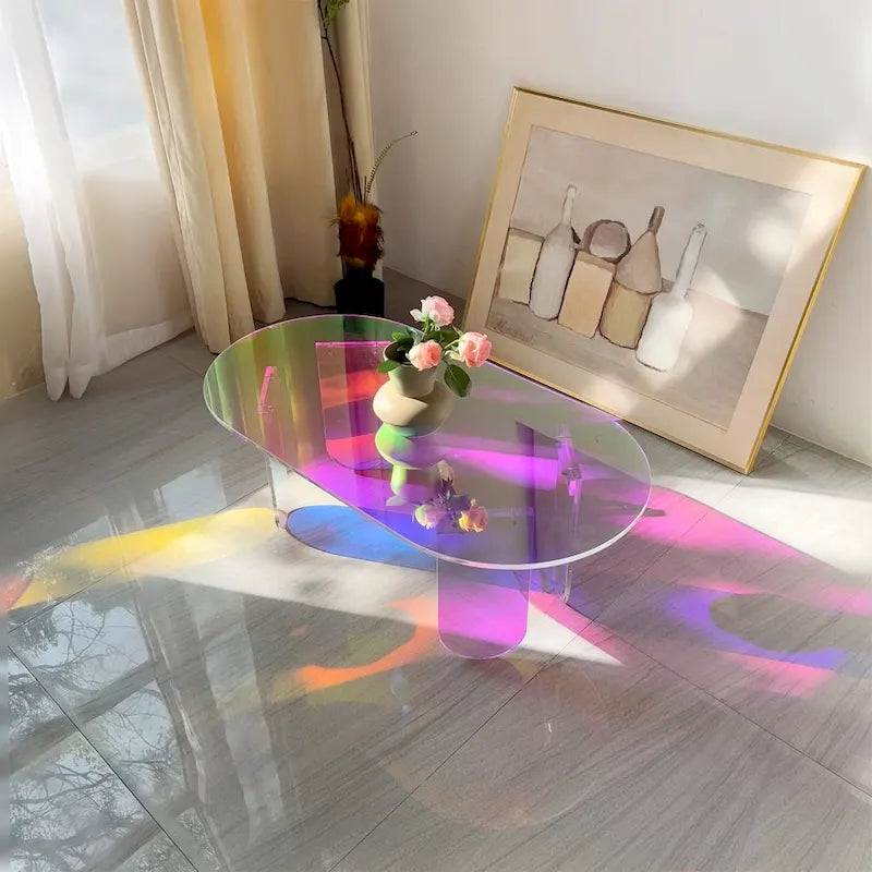 Mesa de centro acrílica colorida con acabado iridiscente, mesa auxiliar de vidrio