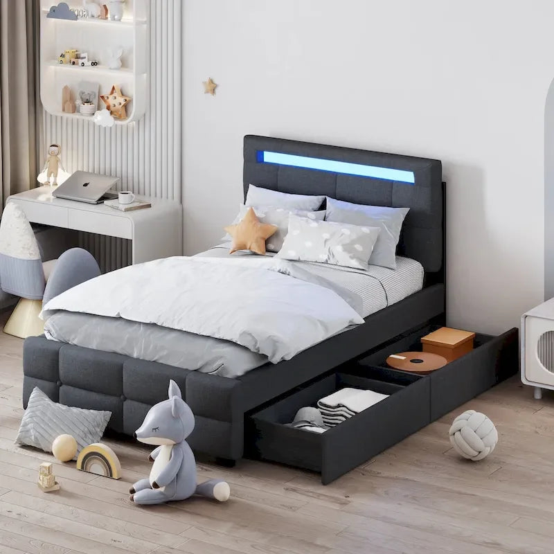 Cama de plataforma tapizada tamaño individual con estructura LED y 2 cajones