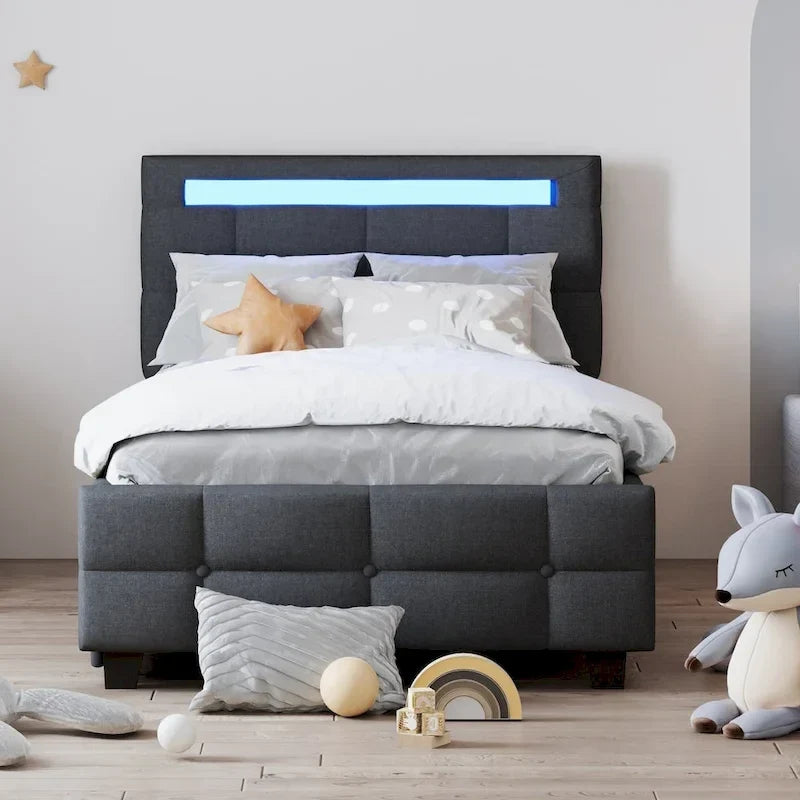 Cama de plataforma tapizada tamaño individual con estructura LED y 2 cajones
