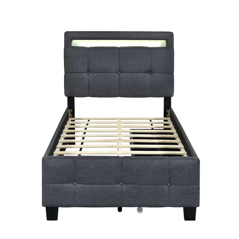 Cama de plataforma tapizada tamaño individual con estructura LED y 2 cajones