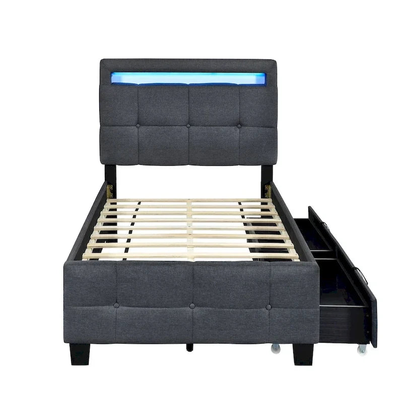 Cama de plataforma tapizada tamaño individual con estructura LED y 2 cajones