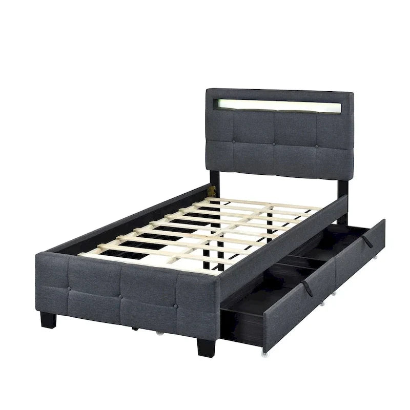 Twin Size Upholstered Platform Bed with LED Frame and 2 Drawers