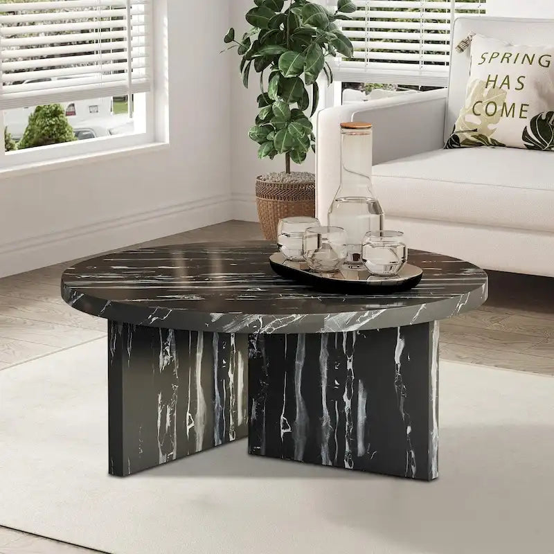 Mesa de centro redonda de madera, moderna y elegante, con superficie de chapa de imitación mármol