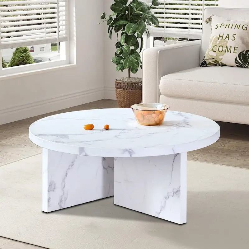 Mesa de centro redonda de madera, moderna y elegante, con superficie de chapa de imitación mármol