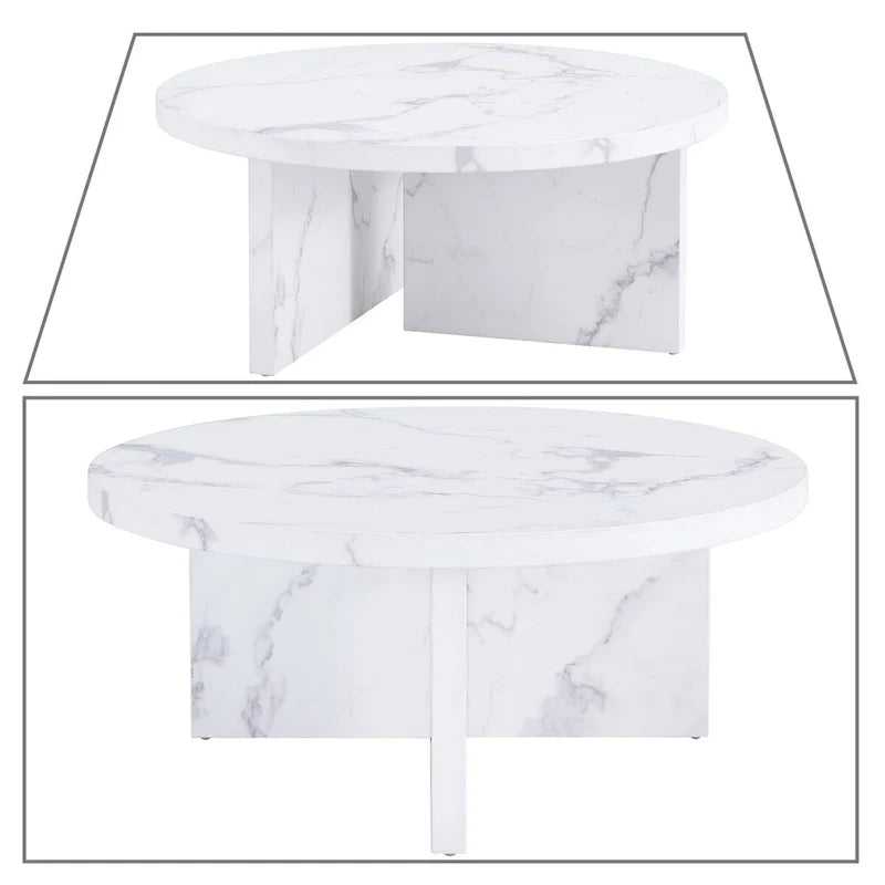 Mesa de centro redonda de madera, moderna y elegante, con superficie de chapa de imitación mármol