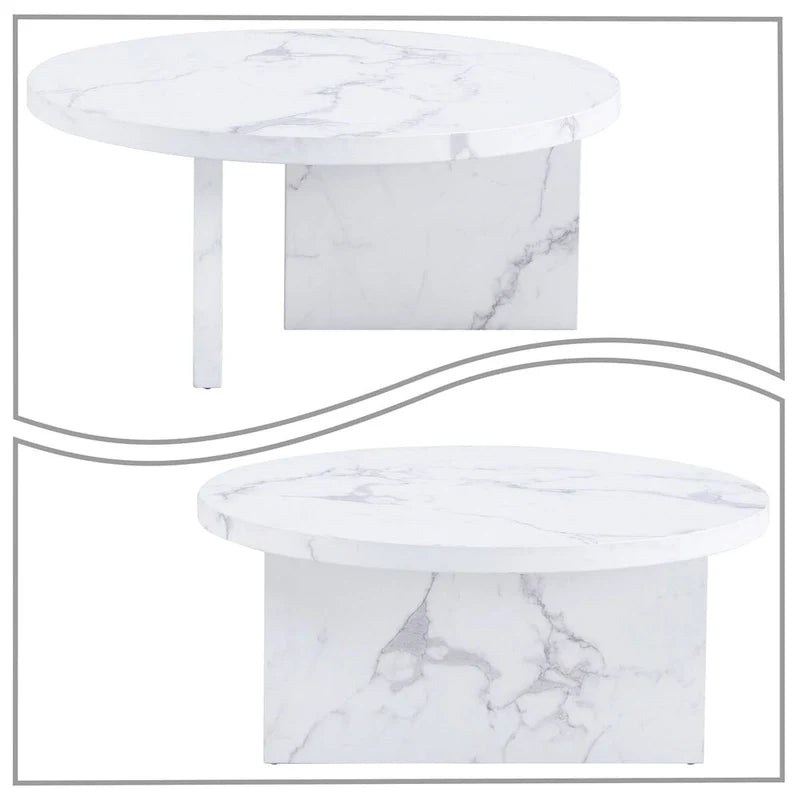 Mesa de centro redonda de madera, moderna y elegante, con superficie de chapa de imitación mármol