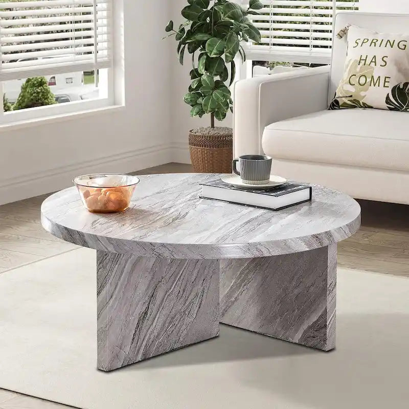 Mesa de centro redonda de madera, moderna y elegante, con superficie de chapa de imitación mármol