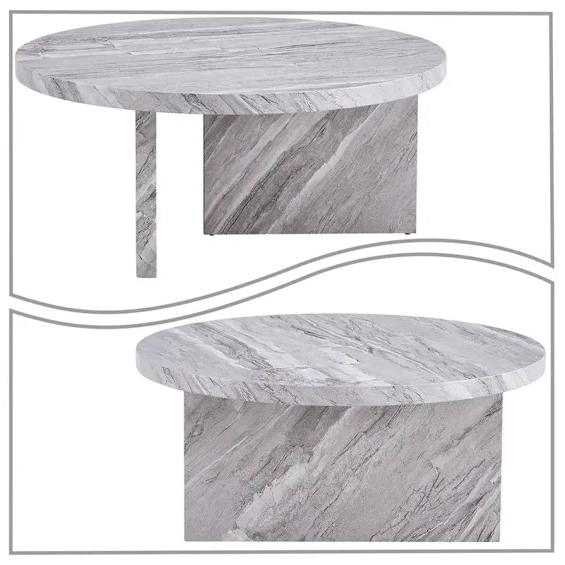 Mesa de centro redonda de madera, moderna y elegante, con superficie de chapa de imitación mármol