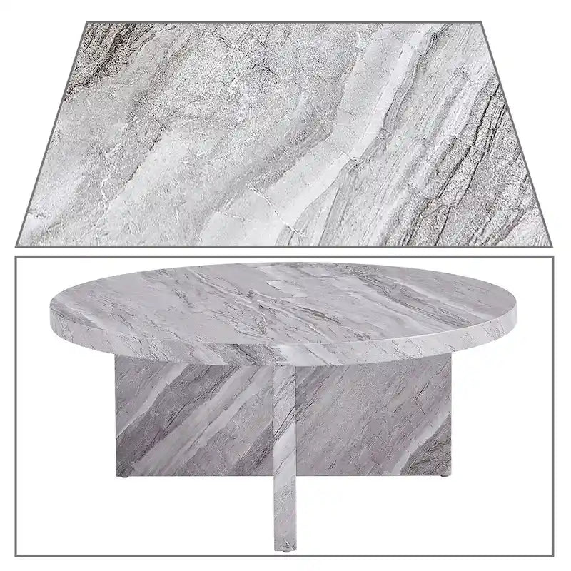 Mesa de centro redonda de madera, moderna y elegante, con superficie de chapa de imitación mármol