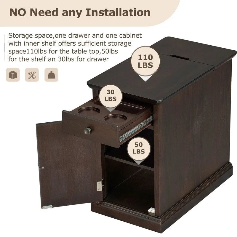 Table d’appoint classique vintage multifonction étroite avec ports USB, 1 tiroir et porte-gobelets, pour canapé
