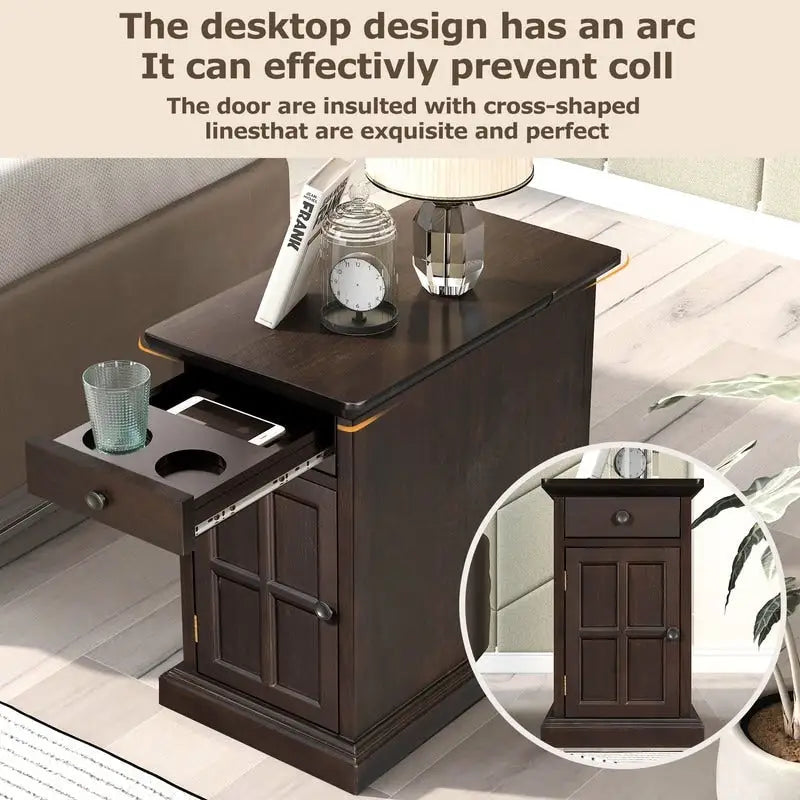 Table d’appoint classique vintage multifonction étroite avec ports USB, 1 tiroir et porte-gobelets, pour canapé
