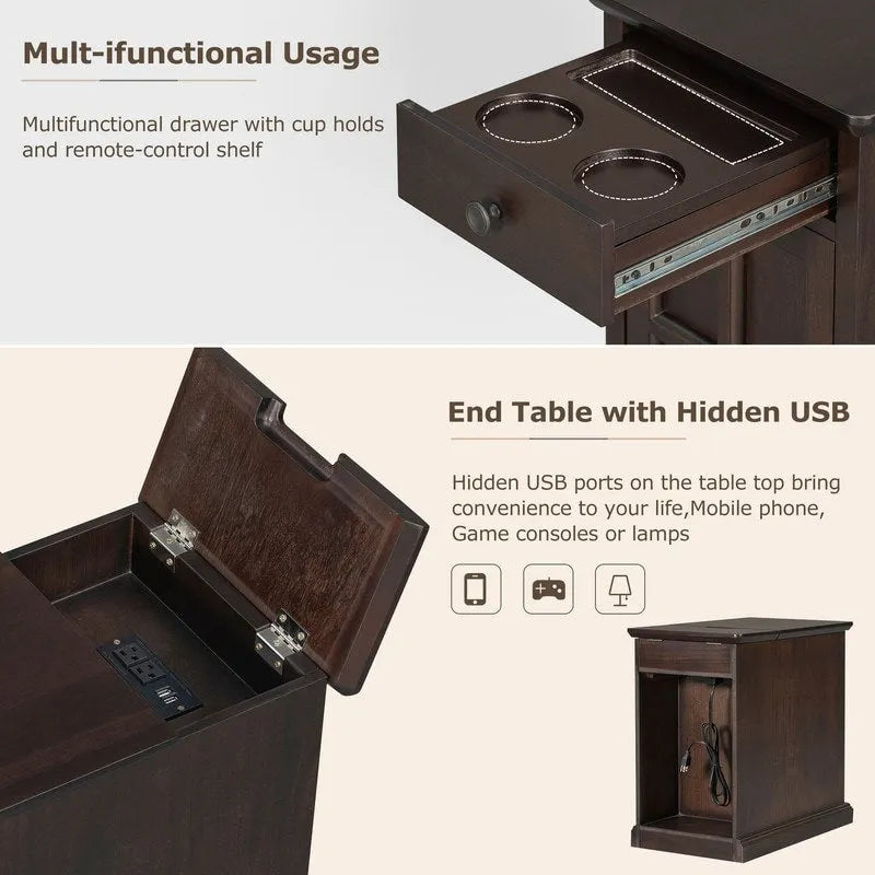 Table d’appoint classique vintage multifonction étroite avec ports USB, 1 tiroir et porte-gobelets, pour canapé