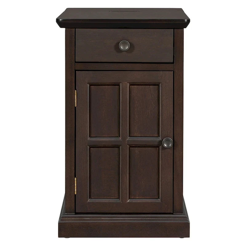 Table d’appoint classique vintage multifonction étroite avec ports USB, 1 tiroir et porte-gobelets, pour canapé