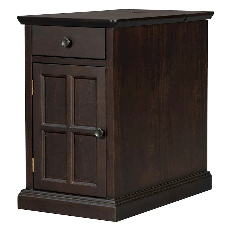 Table d’appoint classique vintage multifonction étroite avec ports USB, 1 tiroir et porte-gobelets, pour canapé