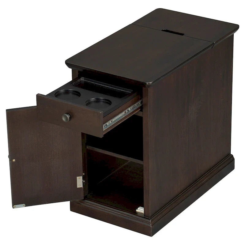 Table d’appoint classique vintage multifonction étroite avec ports USB, 1 tiroir et porte-gobelets, pour canapé
