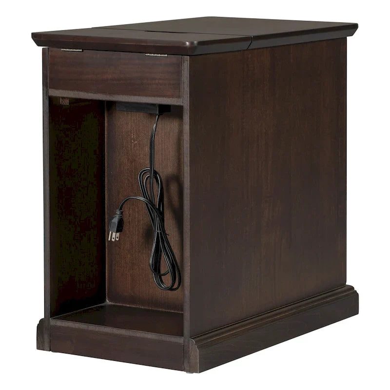Table d’appoint classique vintage multifonction étroite avec ports USB, 1 tiroir et porte-gobelets, pour canapé