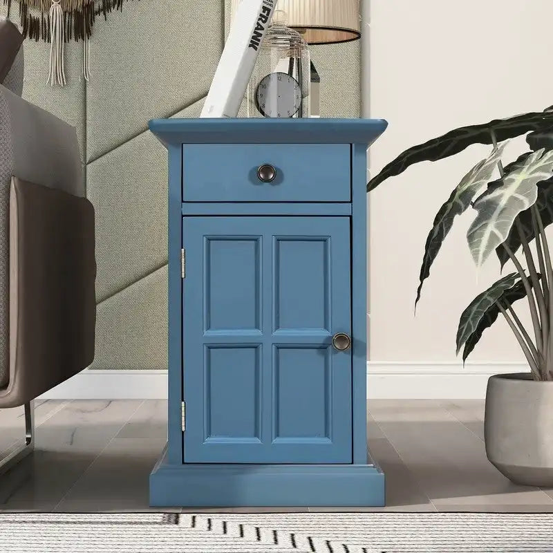 Mesa auxiliar estrecha, multifuncional y de estilo clásico vintage, con puertos USB, 1 cajón y portavasos, para el lado del sofá