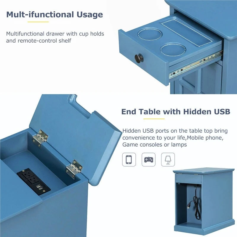 Table d’appoint classique vintage multifonction étroite avec ports USB, 1 tiroir et porte-gobelets, pour canapé