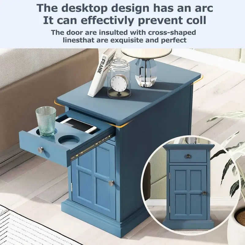 Table d’appoint classique vintage multifonction étroite avec ports USB, 1 tiroir et porte-gobelets, pour canapé